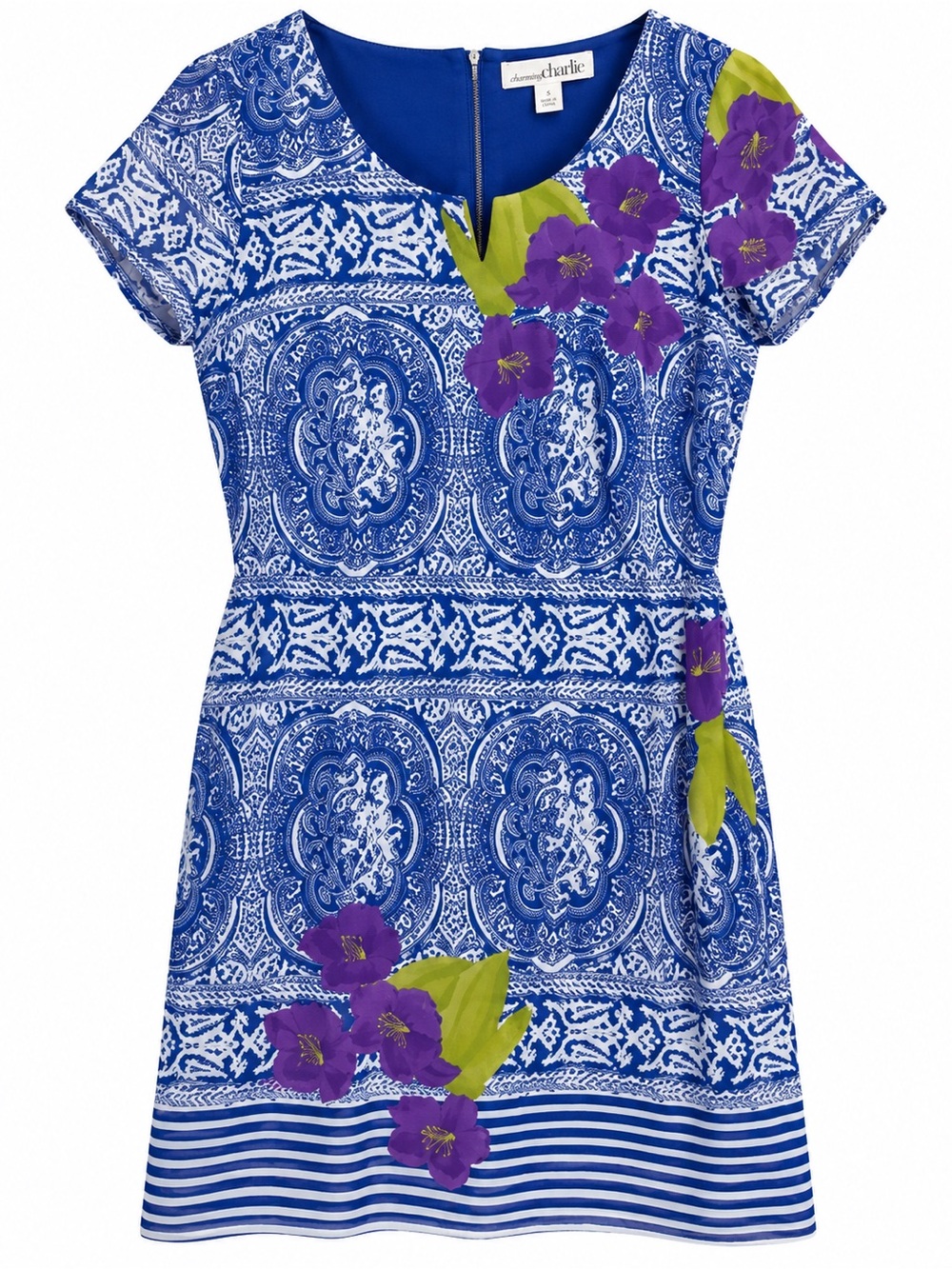 Charming Charlie Small Blue Paisley Floral Short Sleeve Mini Dress